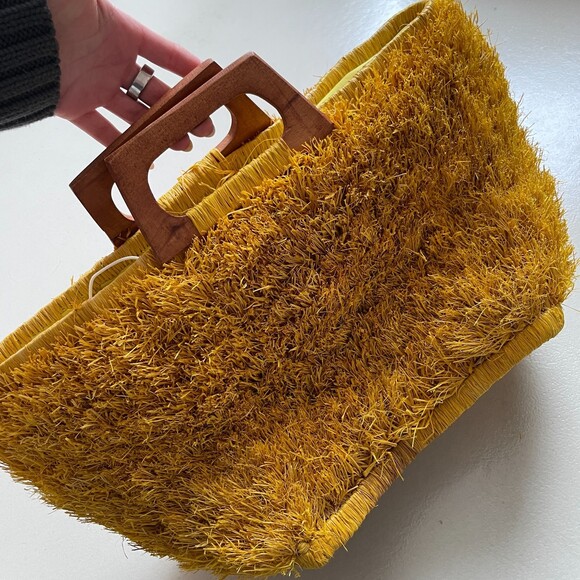 Wooden Handle Textured Tote Handbag Yellow - Picture 1 of 8